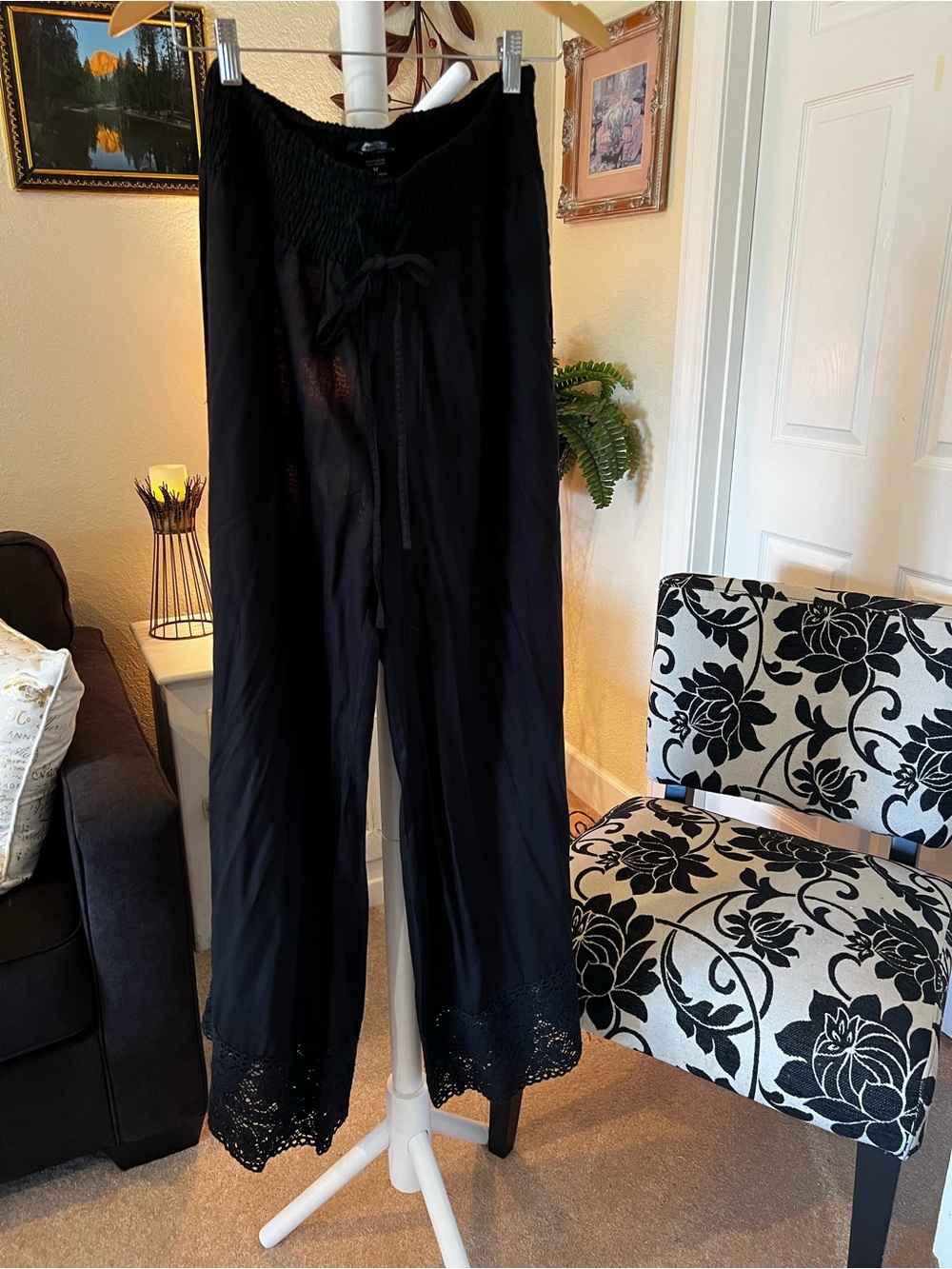 Women's Black Wide Leg Pants with Lace Hem